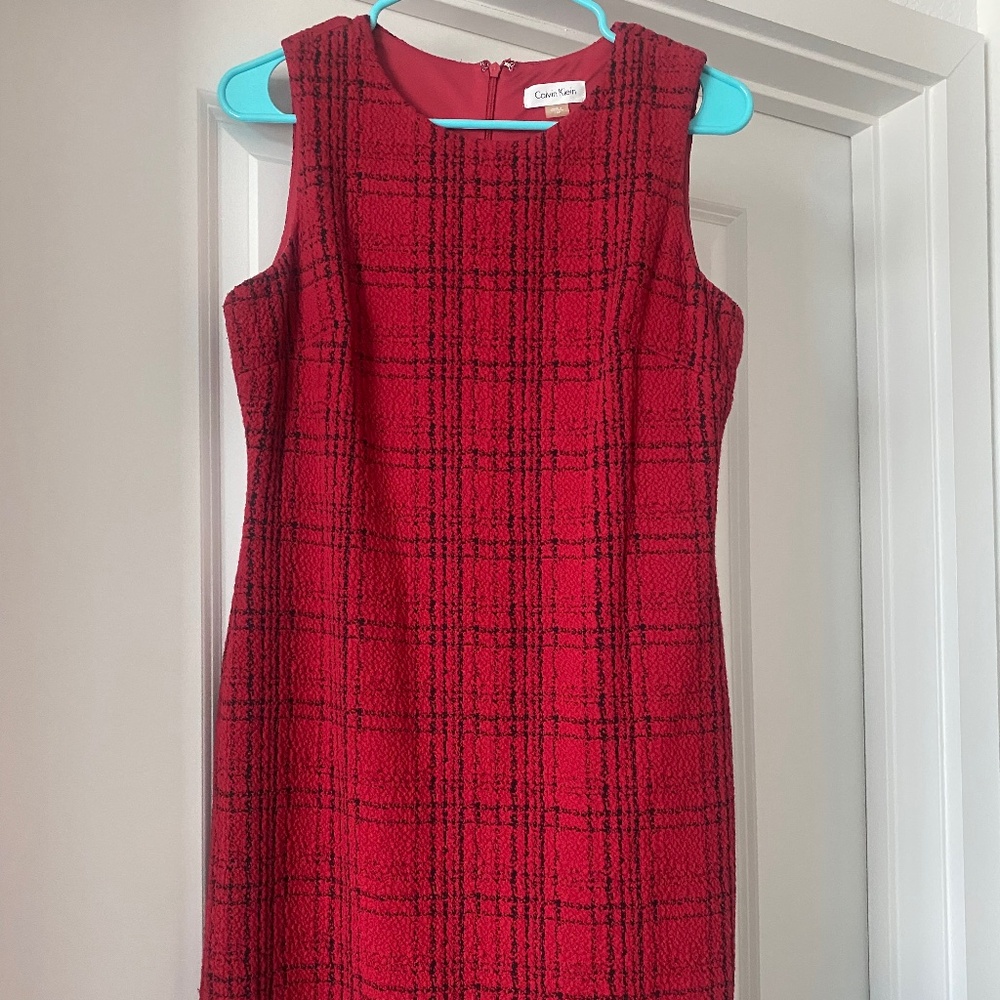 Calvin Klein Red Cozy Fitted Dress w/ Black Plaid Design